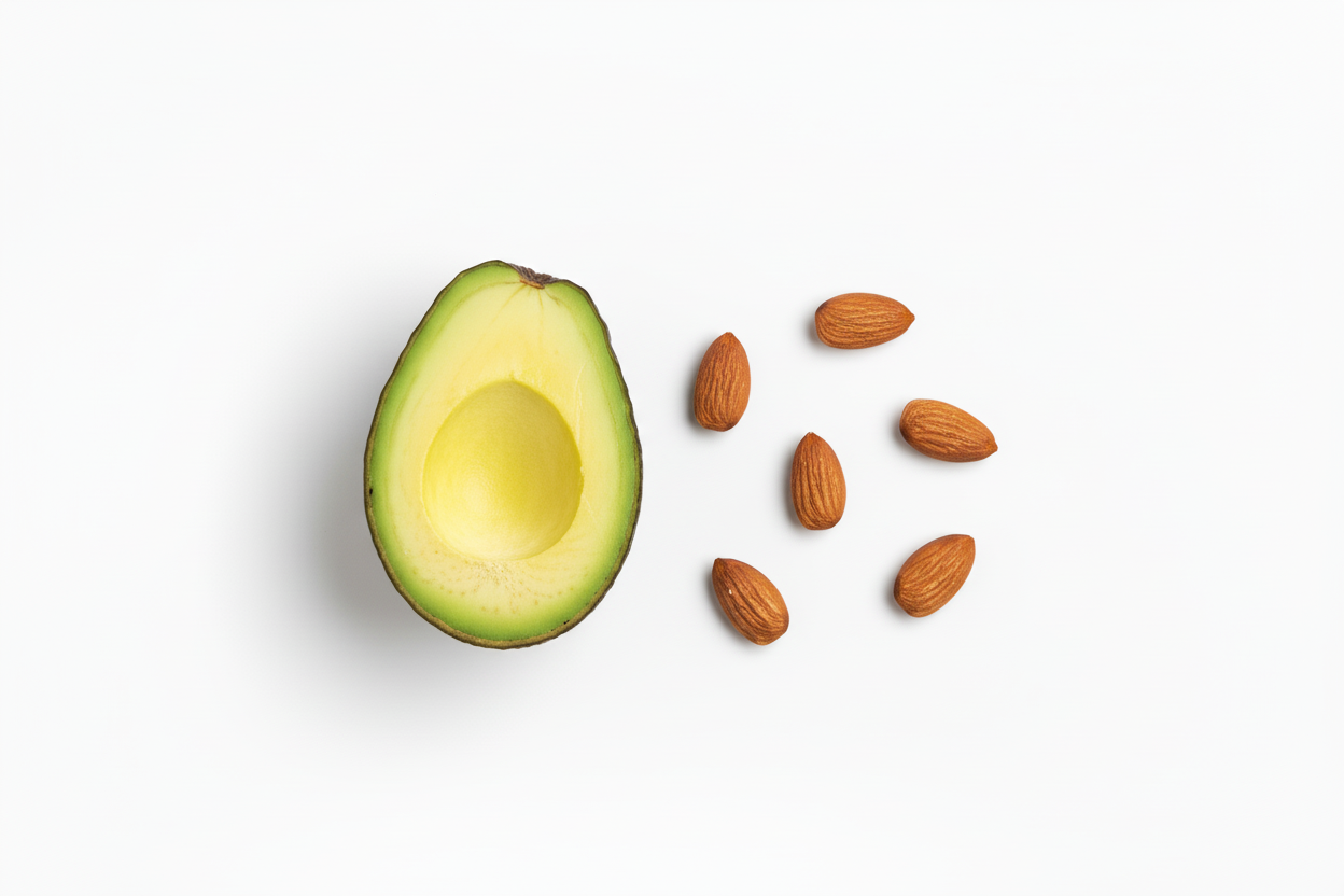 Avocado half without pit with almonds