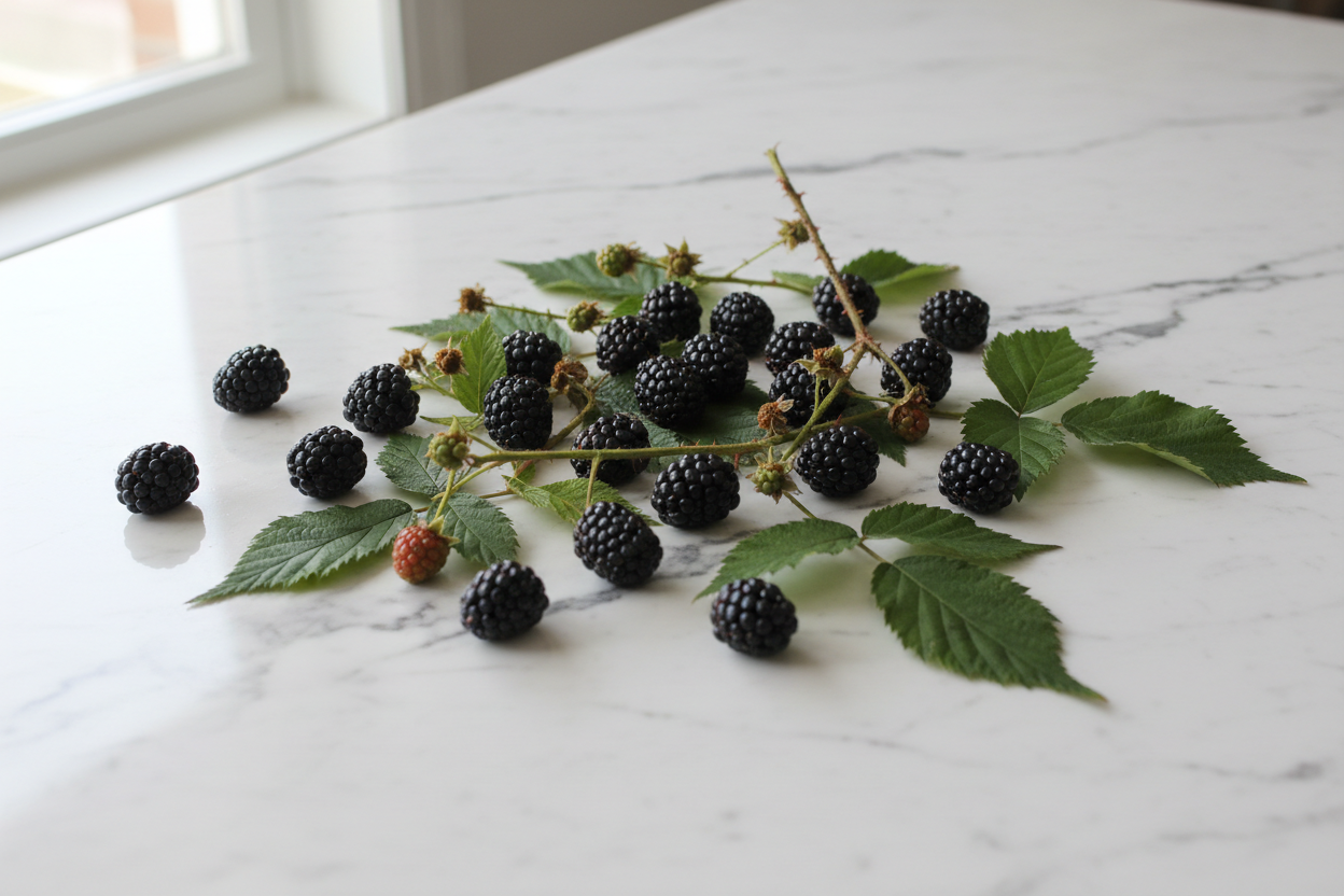 Marble Countertop with Blackberries and Leaves